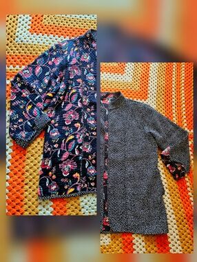 Vintage Reversible Quilted Floral Black Patterned Light Asian Tang Style Jacket